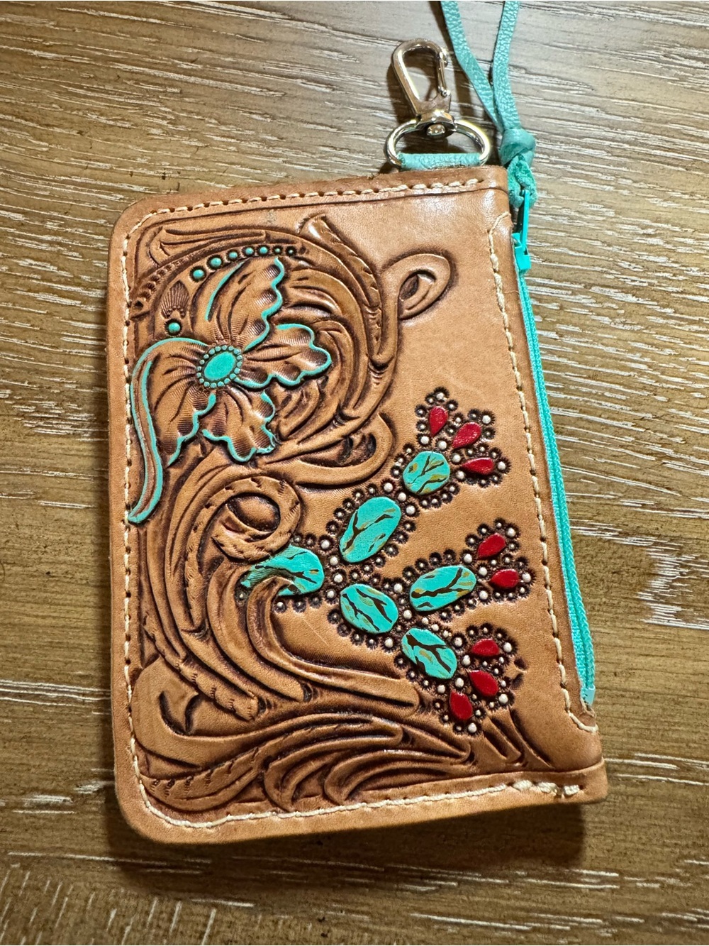 Leather Tooled Key & Card Holder with Turquoise and Red Accents